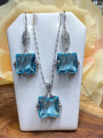 Square Victorian Set, Earrings, Necklace with Chain, Sky Blue Aquamarine Jewelry, Sterling silver Jewelry, Silver Embrace Jewelry, S77