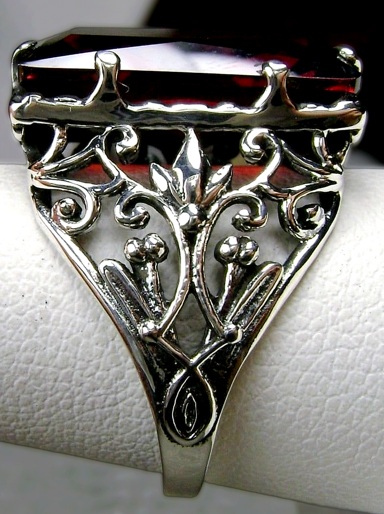 Garnet CZ Ring, Baguette Gem, Floral Leaf Filigree, sterling silver Victorian design jewelry, Silver Embrace Jewelry, D32