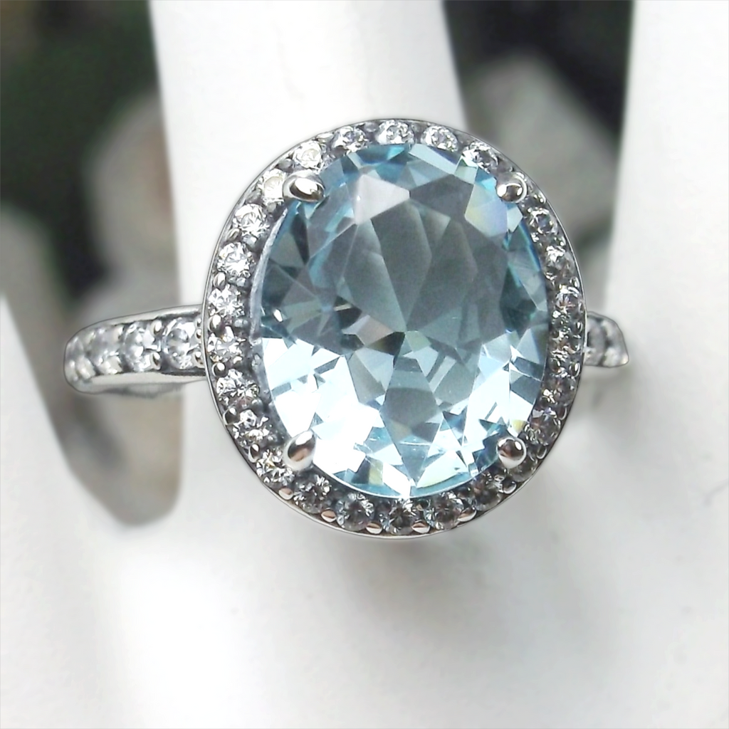 Sky Blue Aquamarine Ring, Sterling Silver Filigree, Halo Design, Silver Embrace Jewelry, Art Deco Jewelry, D228