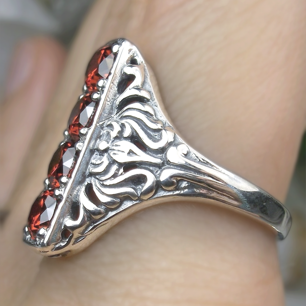 Garnet Ring, Red Garnet CZ Gemstones, 4 gems, Victorian swirl filigree, sterling silver, Silver Embrace Jewelry, D72