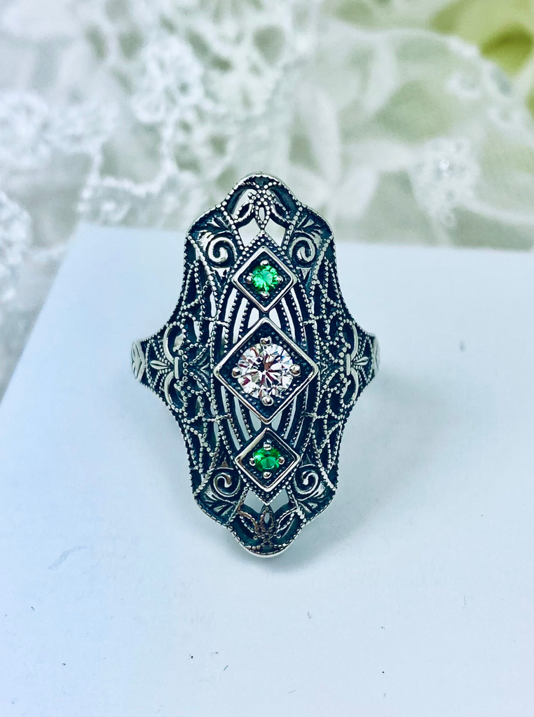 White CZ & Emerald Ring, Art deco jewelry, Gatsby style, early 20th century jewelry, Sterling Silver Jewelry, Silver Embrace Jewelry, D593
