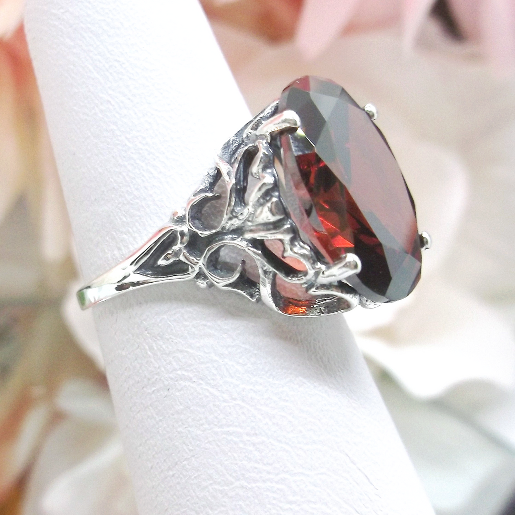 Garnet CZ Ring, Oval Garnet cubic zirconia gemstone, sterling silver filigree, dramatic swirl OK ring, D10, Silver Embrace Jewelry