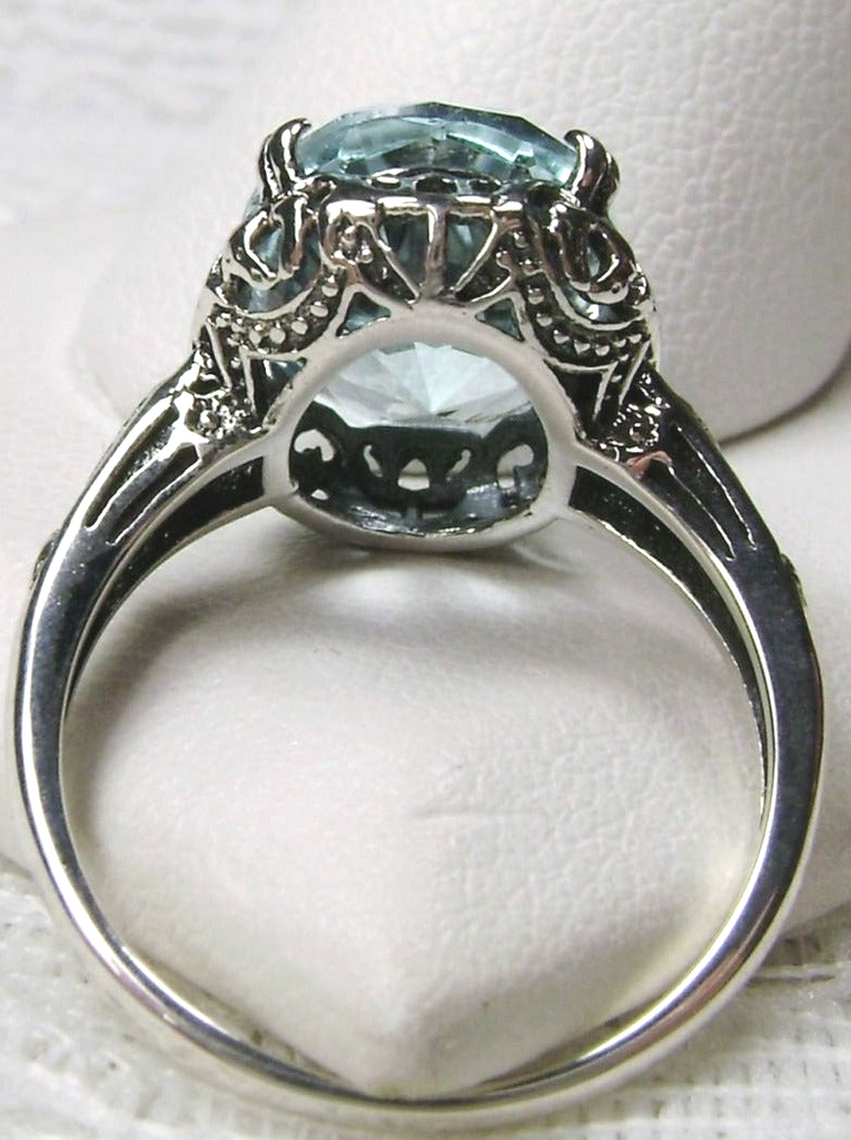 Aquamarine Ring, simulated oval faceted gemstone, floral sterling silver filigree, Edward design #D70
