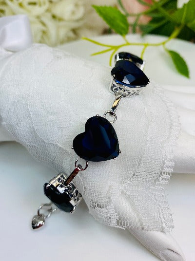 Blue Sapphire Heart Gems, Heart Bracelet, Victorian Jewelry, Vintage-style bracelet, Silver Embrace Jewelry, B38