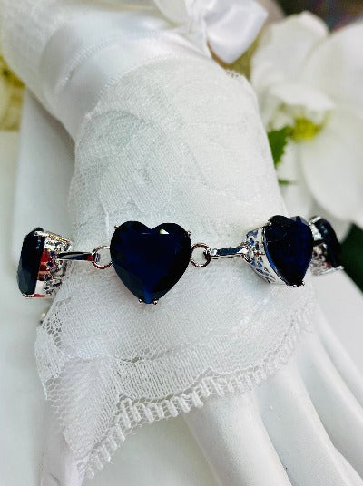 Blue Sapphire Heart Gems, Heart Bracelet, Victorian Jewelry, Vintage-style bracelet, Silver Embrace Jewelry, B38