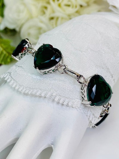 Green Emerald Heart Gems, Heart Bracelet, Victorian Jewelry, Vintage-style bracelet, Silver Embrace Jewelry, B38