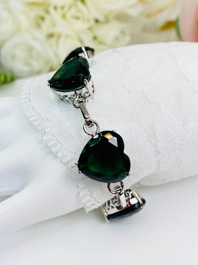 Green Emerald Heart Gems, Heart Bracelet, Victorian Jewelry, Vintage-style bracelet, Silver Embrace Jewelry, B38\