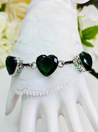 Green Emerald Heart Gems, Heart Bracelet, Victorian Jewelry, Vintage-style bracelet, Silver Embrace Jewelry, B38