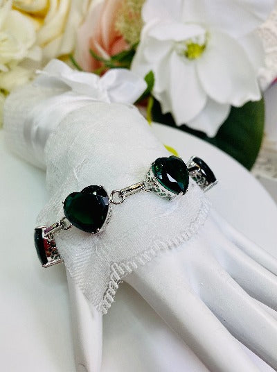 Green Emerald Heart Gems, Heart Bracelet, Victorian Jewelry, Vintage-style bracelet, Silver Embrace Jewelry, B38