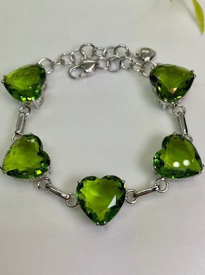 Green Peridot Heart Gems, Heart Bracelet, Victorian Jewelry, Vintage-style bracelet, Silver Embrace Jewelry, B38