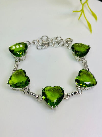 Green Peridot Heart Gems, Heart Bracelet, Victorian Jewelry, Vintage-style bracelet, Silver Embrace Jewelry, B38