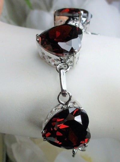 Heart Red Garnet Gems, Heart Bracelet, Victorian Jewelry, Vintage-style bracelet, Silver Embrace Jewelry, B38