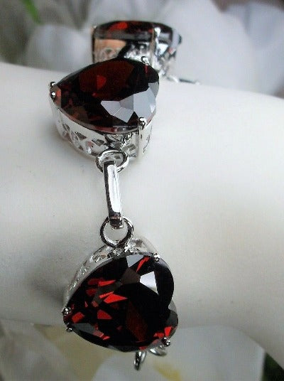 Red Garnet Heart Gems, Heart Bracelet, Victorian Jewelry, Vintage-style bracelet, Silver Embrace Jewelry, B38