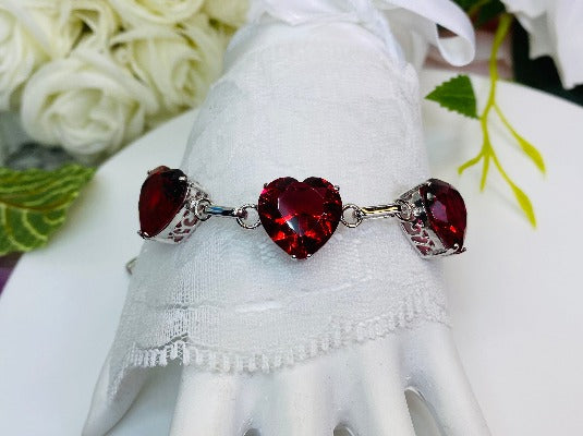 Red Ruby Heart Gems, Heart Bracelet, Victorian Jewelry, Vintage-style bracelet, Silver Embrace Jewelry, B38