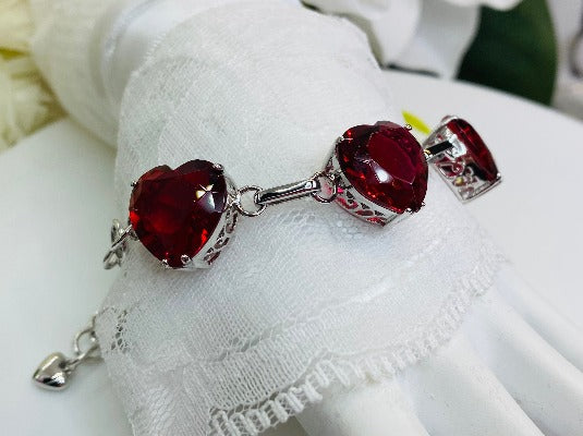 Red Ruby Heart Gems, Heart Bracelet, Victorian Jewelry, Vintage-style bracelet, Silver Embrace Jewelry, B38