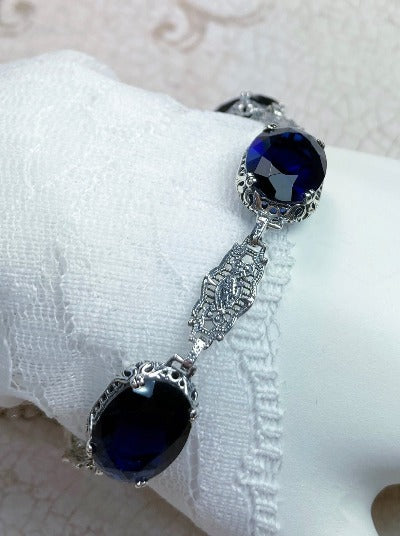Blue Sapphire Oval Bracelet, Edwardian design, Vintage Jewelry, Sterling silver filigree, Silver embrace Jewelry, B70