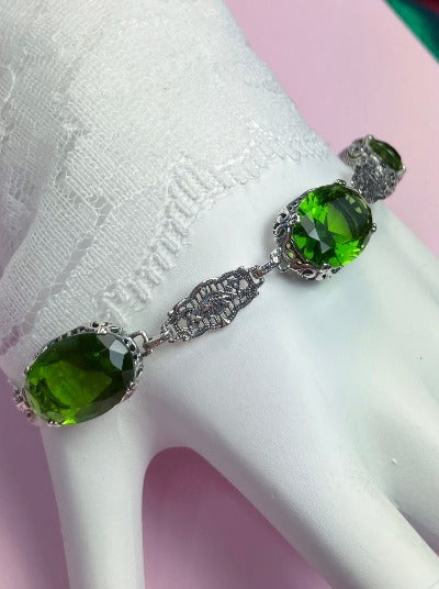 Green Peridot Oval Bracelet, Edwardian design, Vintage Jewelry, Sterling silver filigree, Silver embrace Jewelry, B70