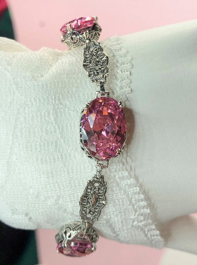 Pink Cubic Zirconia (CZ) Oval Bracelet, Edwardian design, Vintage Jewelry, Sterling silver filigree, Silver embrace Jewelry, B70