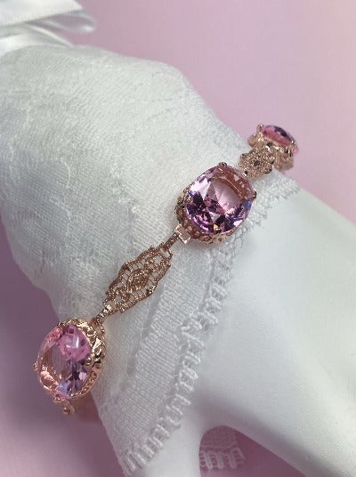Pink Topaz Bracelet, Rose Gold filigree, oval gemstones, lobster claw clasp, Edwardian Jewelry