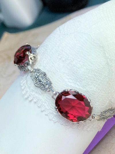 Red Ruby Oval Bracelet, Edwardian design, Vintage Jewelry, Sterling silver filigree, Silver embrace Jewelry, B70