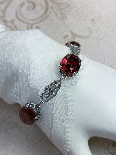 Ruby Red Bracelet, sterling silver filigree, oval gemstones, lobster claw clasp, Edwardian Jewelry