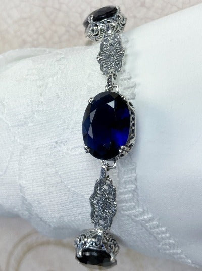 blue sapphire bracelet with oval stones and sterling silver antique floral filigree, Edwardian Jewelry
