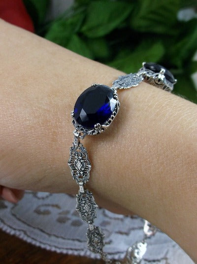 blue sapphire bracelet with oval stones and sterling silver antique floral filigree, Edwardian Jewelry