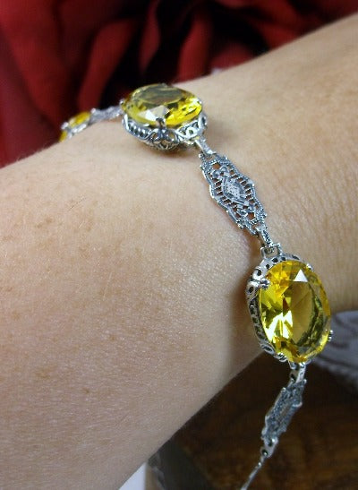Yellow citrine bracelet, oval gemstones, sterling silver filigree, Edwardian Jewelry
