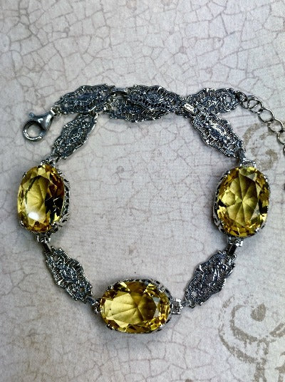 Yellow citrine bracelet, oval gemstones, sterling silver filigree, Edwardian Jewelry