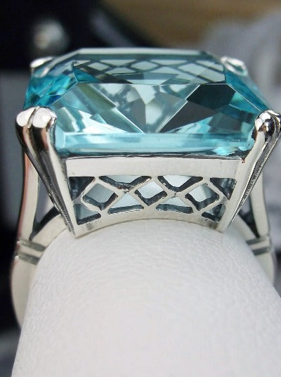 Sky Blue Aquamarine Ring, Large square gem in crisscross basket-weave filigree, art deco styled ring, Art Deco Jewelry, Silver Embrace Jewelry D1
