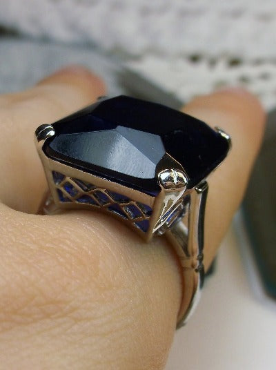 Blue Sapphire Ring, Large square gem in crisscross basket-weave filigree, art deco styled ring, Art Deco Jewelry, Silver Embrace Jewelry D1