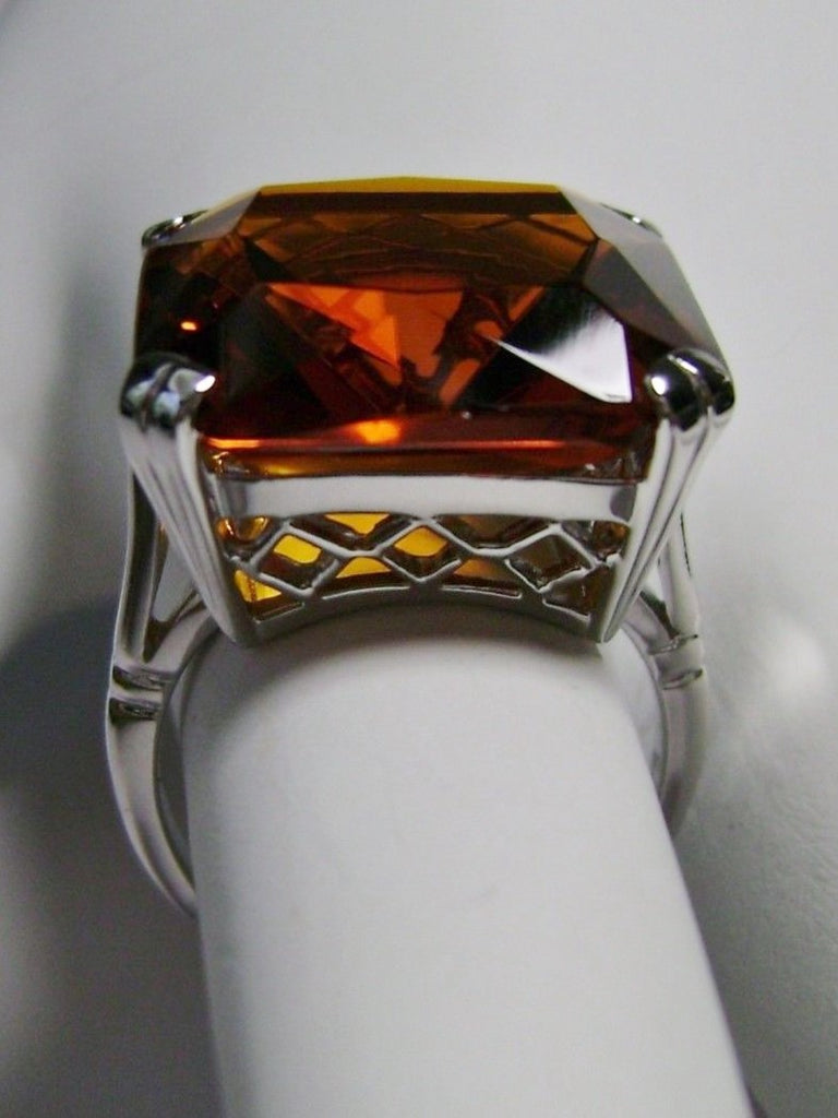 Orange Cognac Citrine Ring, Large square gem in crisscross basket-weave filigree, art deco styled ring, Art Deco Jewelry, Silver Embrace Jewelry