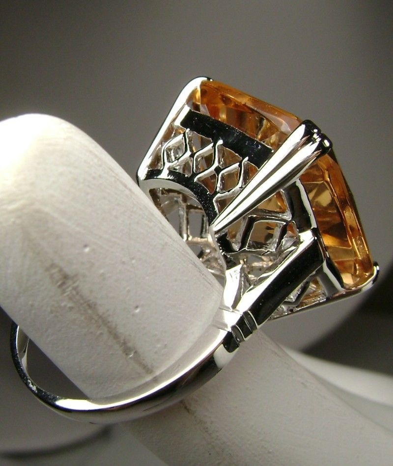 Peach Topaz Ring, Large square gem in crisscross basket-weave filigree, art deco styled ring, Art Deco Jewelry, Silver Embrace Jewelry D1