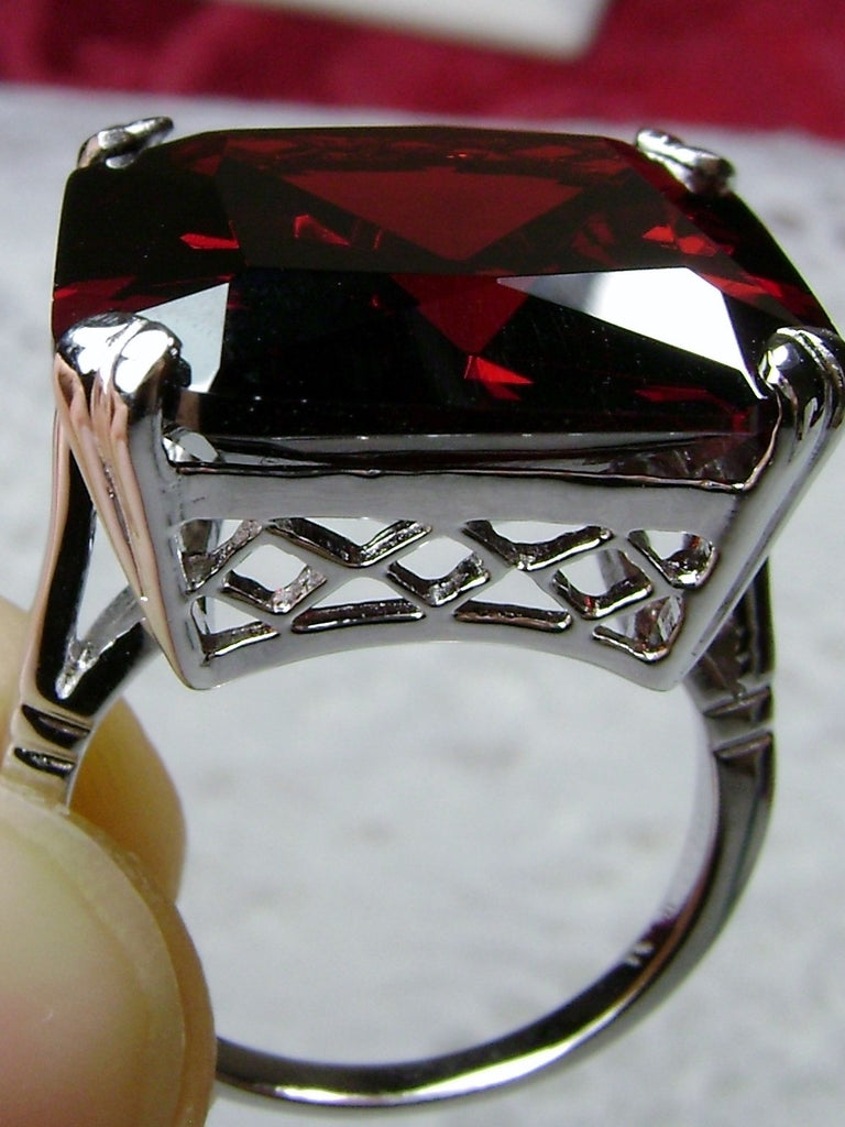 Garnet Ring, Large square Red Garnet gem in crisscross basket-weave filigree, art deco styled ring, Art Deco Jewelry, Silver Embrace Jewelry