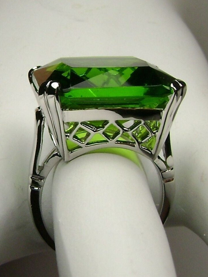 Green Peridot Ring, Large square gem in crisscross basket-weave filigree, art deco styled ring, Art Deco Jewelry, Silver Embrace Jewelry