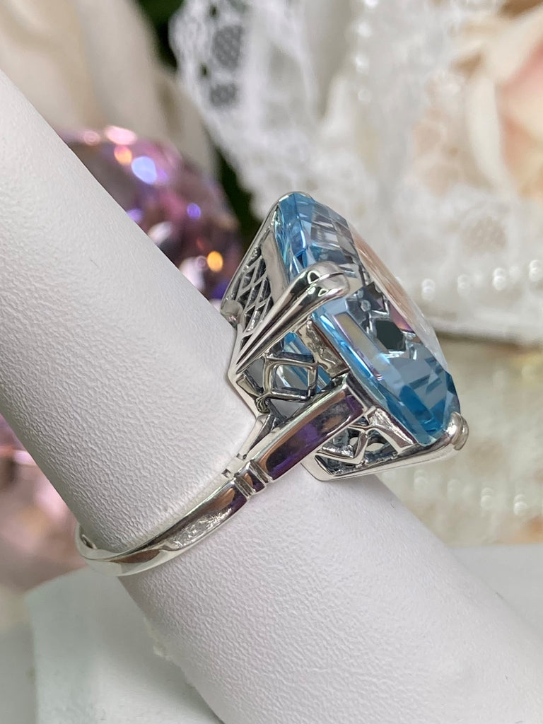 Natural Blue Topaz Ring, Solid Sterling Silver Filigree, E-Ring, Art Deco Jewelry, Silver Embrace Jewelry