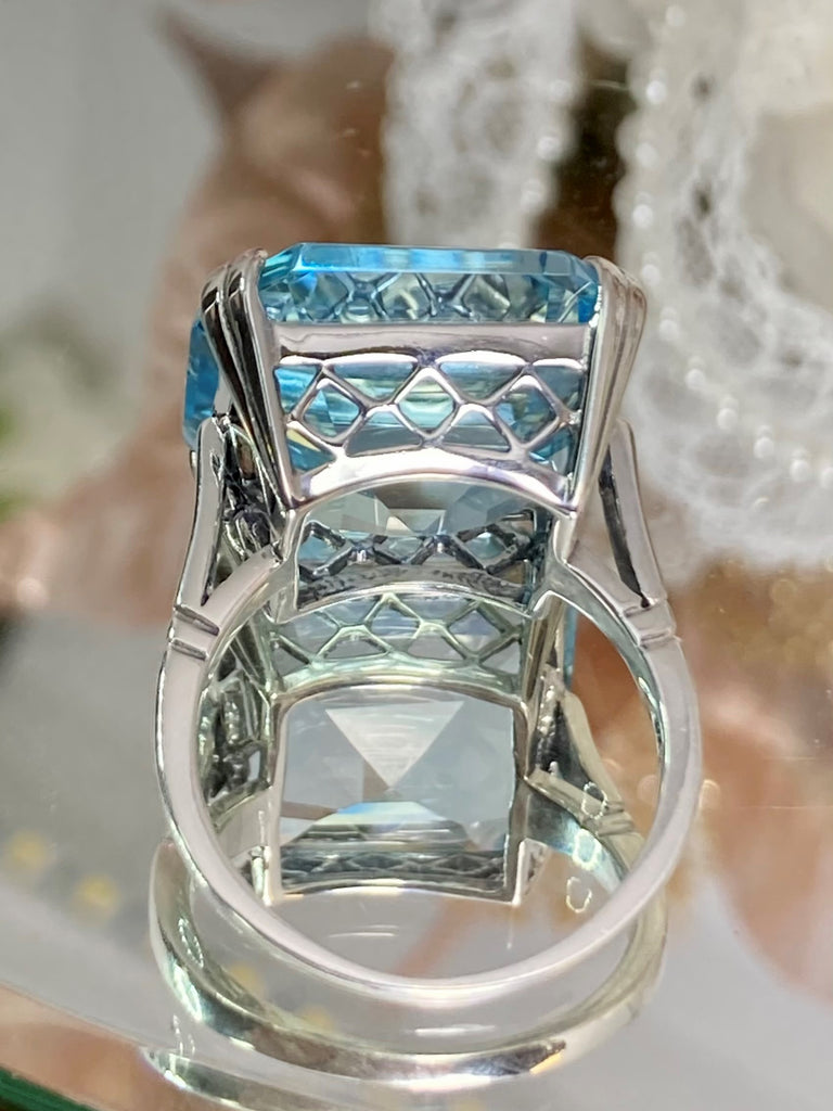 Natural Blue Topaz Ring, Solid Sterling Silver Filigree, E-Ring, Art Deco Jewelry, Silver Embrace Jewelry