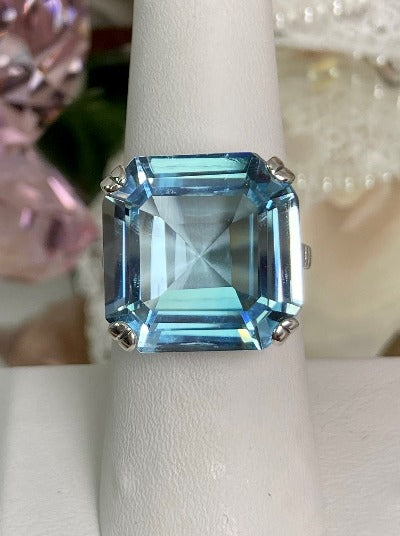 Natural Blue Topaz Ring, Large square gem in crisscross basket-weave filigree, art deco styled ring, Art Deco Jewelry, Silver Embrace Jewelry