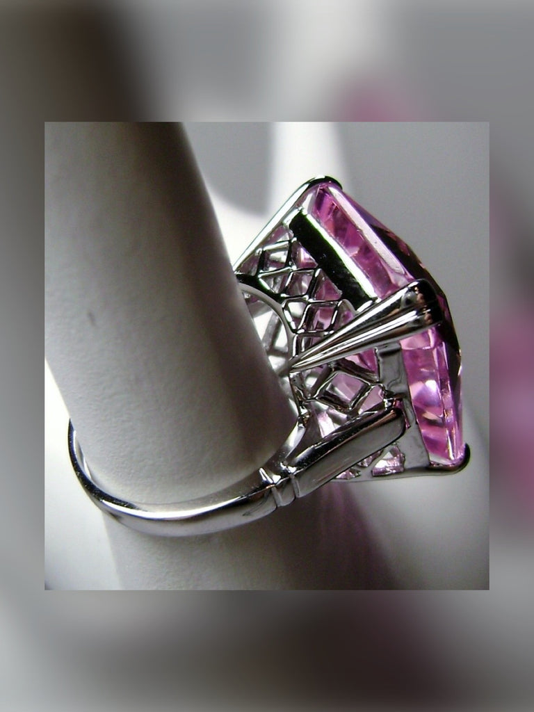Pink Topaz Ring, Large square gem in crisscross basket-weave filigree, art deco styled ring, Art Deco Jewelry, Silver Embrace Jewelry
