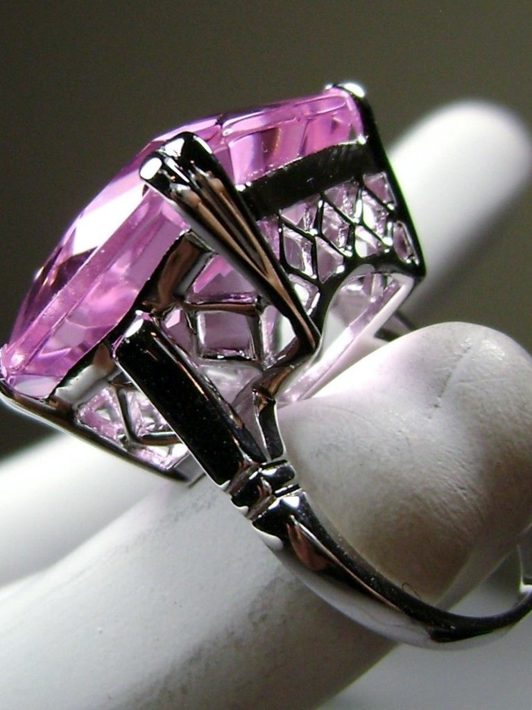 Pink Topaz Ring, Large square gem in crisscross basket-weave filigree, art deco styled ring, Art Deco Jewelry, Silver Embrace Jewelry