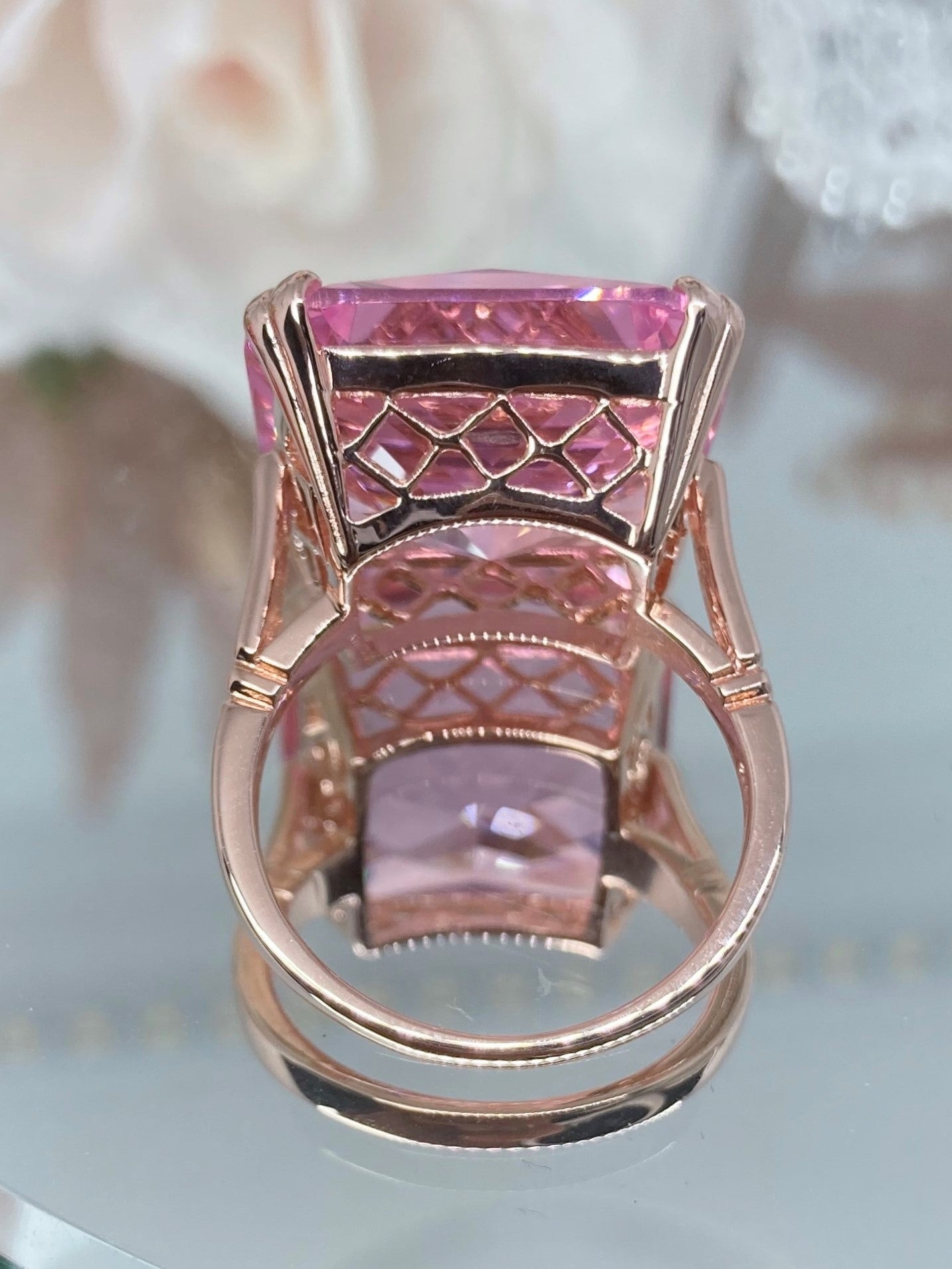Pink Topaz Ring, 20ct Big Huge Square Gem, Rose Gold Vintage Jewelry #D1 Topaz/Pink (Simulated) / 12