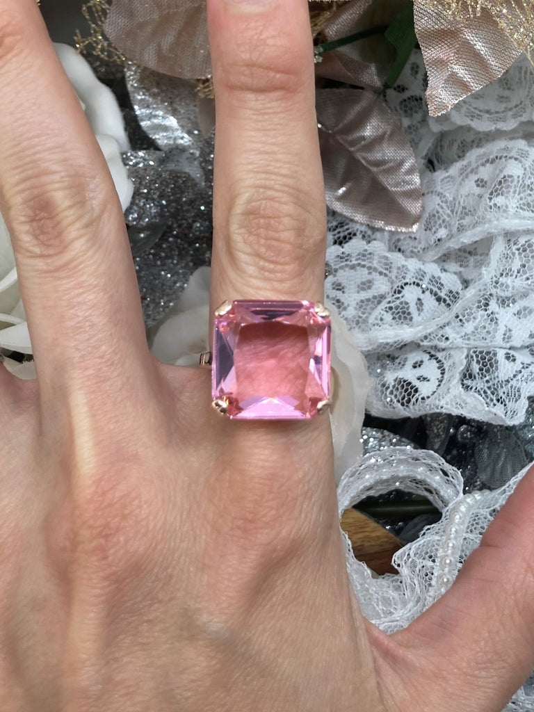 Pink Topaz Ring, Large square gem in Rose Gold plated crisscross basket-weave filigree, art deco styled ring, Art Deco Jewelry, Silver Embrace Jewelry