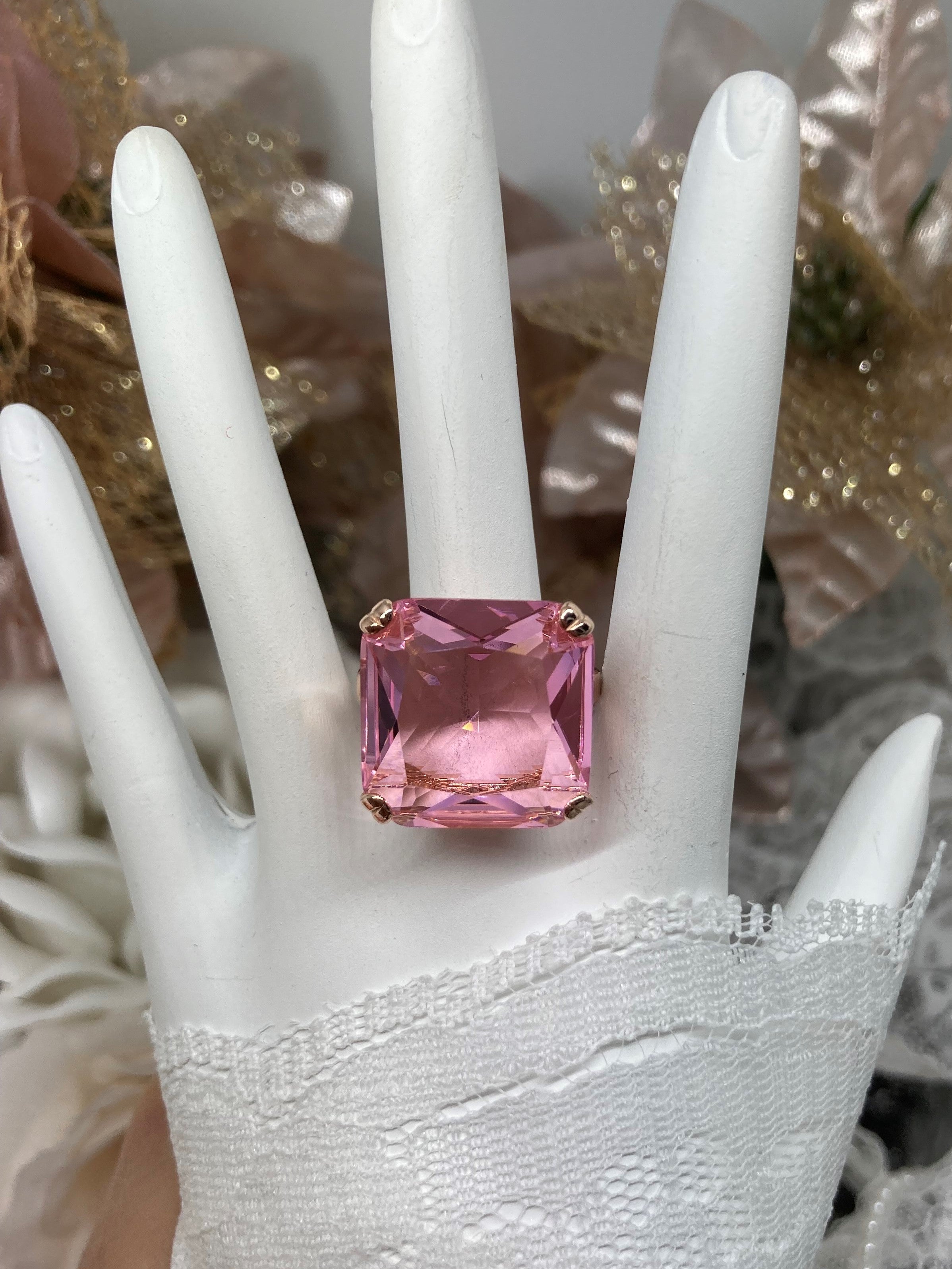 Pink Topaz Ring, 20ct Big Huge Square Gem, Rose Gold Vintage Jewelry #D1