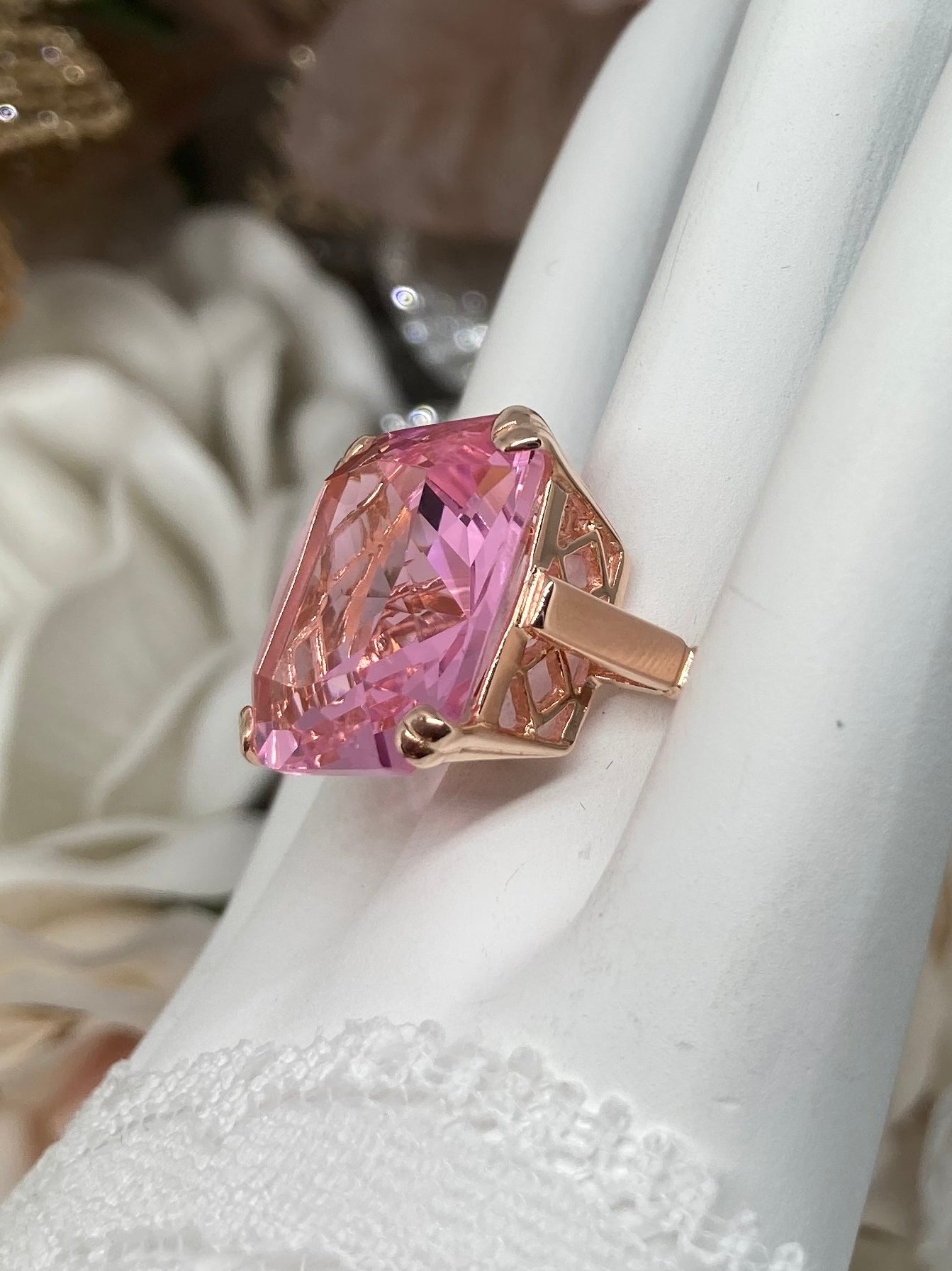 altijd moeilijk elkaar Pink Topaz Ring, 20ct Big Huge Square Gem, Rose Gold Vintage Jewelry # –  Silver Embrace