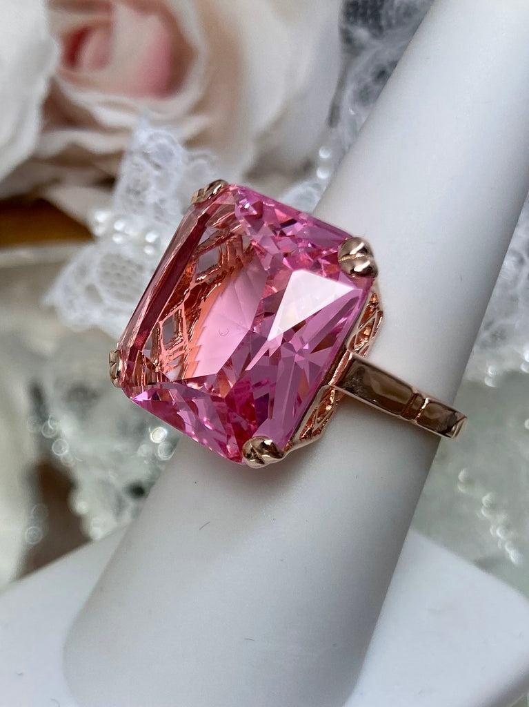 Pink Topaz Ring, Large square gem in Rose Gold plated crisscross basket-weave filigree, art deco styled ring, Art Deco Jewelry, Silver Embrace Jewelry