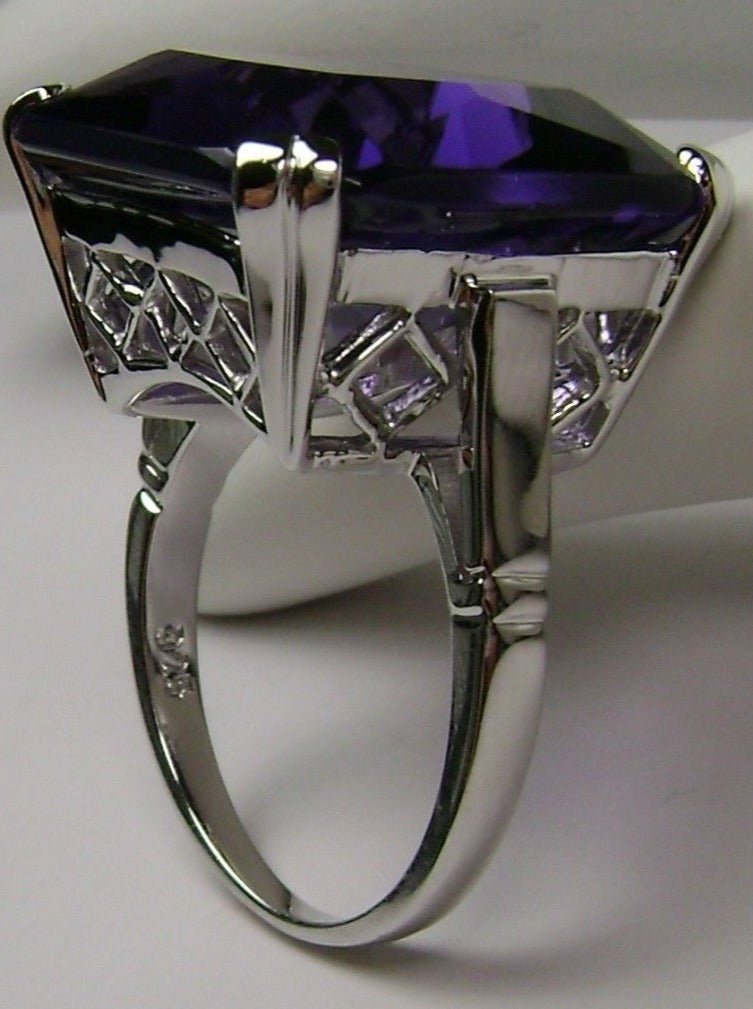 side view of large square purple amethyst gem in crisscross basket-weave filigree art deco styled ring