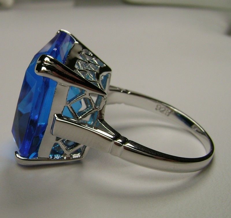 Swiss Blue Topaz Ring, Large square gem in crisscross basket-weave filigree, art deco styled ring, Art Deco Jewelry, Silver Embrace Jewelry D1