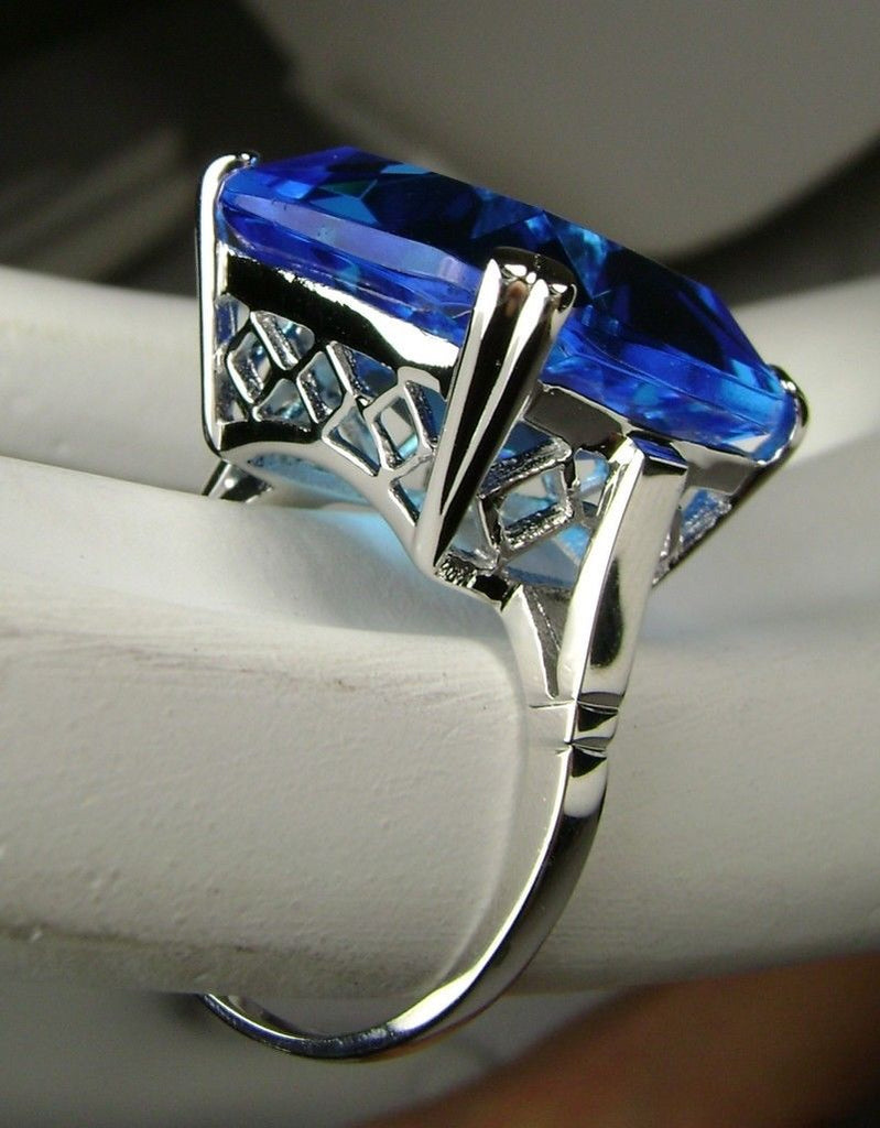 Swiss Blue Topaz Ring, Large square gem in crisscross basket-weave filigree, art deco styled ring, Art Deco Jewelry, Silver Embrace Jewelry