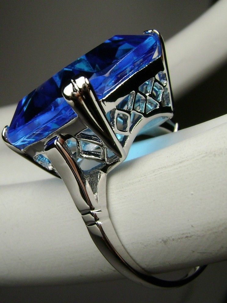 Swiss Blue Topaz Ring, Large square gem in crisscross basket-weave filigree, art deco styled ring, Art Deco Jewelry, Silver Embrace Jewelry D1