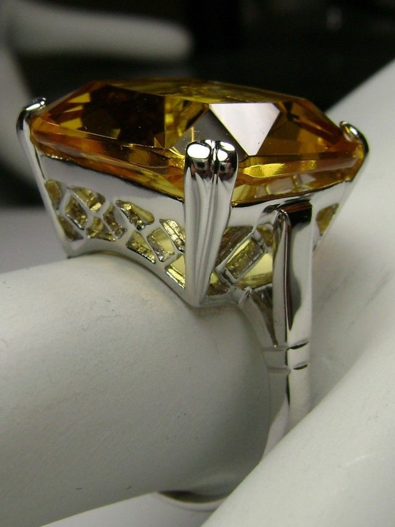 Yellow Citrine Ring, Large square gem in crisscross basket-weave filigree, art deco styled ring, Art Deco Jewelry, Silver Embrace Jewelry